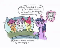 Size: 1111x883 | Tagged: safe, artist:mompuchi, derpibooru import, apple bloom, scootaloo, sweetie belle, twilight sparkle, earth pony, pegasus, pony, unicorn, bed, censored, censored vulgarity, cutie mark crusaders, female, filly, foal, image, jpeg, magic, mare, speech bubble, telekinesis