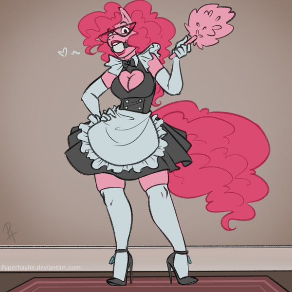 Size: 800x800 | Tagged: questionable, artist:pyperhaylie, derpibooru import, pinkie pie, anthro, earth pony, plantigrade anthro, apron, ballgag, beige background, big mane, big tail, bondage, boob window, bound and gagged, bowtie, breasts, busty pinkie pie, cleavage, clothes, costume, dress, duster, female, femsub, fetish, floating heart, frilly dress, gag, glasses, gloves, hand on hip, heart, high heels, image, indoors, knee high socks, lips, lipstick, lock, long gloves, looking at you, maid, padlock, pinkie maid, pinkiesub, png, pose, shoes, short dress, simple background, smiling, socks, solo, solo female, submissive, tail