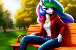 Size: 1920x1280 | Tagged: safe, derpibooru import, editor:dovakkins, machine learning generated, prompter:dovakkins, stable diffusion, princess celestia, alicorn, anthro, beautiful, bench, breasts, clothes, denim, derpibooru exclusive, female, image, jacket, jeans, jewelry, looking at you, pants, park, peytral, png, reasonably sized breasts, sitting, solo, wingless