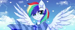 Size: 1200x480 | Tagged: safe, artist:leah minik, derpibooru import, oc, unofficial characters only, pegasus, pony, bust, clothes, cloud, commission, ear fluff, green eyes, heart, image, looking at you, male, multicolored mane, pegasus oc, png, scarf, sky, sky background, smiling, smiling at you, solo, spread wings, stallion, striped scarf, wings