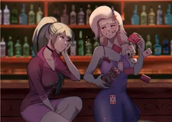 Size: 1754x1240 | Tagged: safe, artist:amazingpuffhair, derpibooru import, sonata dusk, trixie, human, alcohol, bar, blushing, choker, clothes, dress, duo, female, grin, humanized, image, jpeg, lesbian, nervous, nervous grin, playing card, shipping, smiling, sonatrix