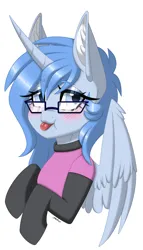 Size: 1711x3000 | Tagged: safe, alternate version, artist:melodytheartpony, derpibooru import, oc, alicorn, pony, 2023, :p, blushing, bust, chest fluff, clothes, collar, cute, eyelashes, female, feral, fluffy, glasses, horn, icon, image, looking at you, png, portrait, shirt, signature, simple background, socks, solo, spread wings, stockings, thigh highs, tongue out, white background, wings