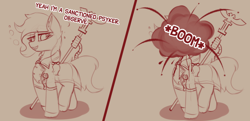 Size: 3336x1620 | Tagged: safe, artist:shepardinthesky, derpibooru import, oc, oc:palmetto pret, pony, boom, clothes, crossover, dialogue, explosion, image, magic, onomatopoeia, png, psyker, sketch, solo, staff, uniform, warhammer (game), warhammer 40k