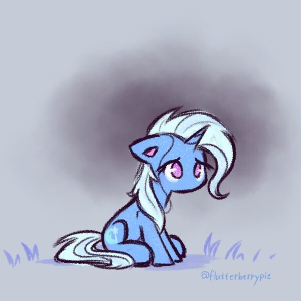 Size: 640x640 | Tagged: safe, artist:flutterberrypie, derpibooru import, trixie, pony, unicorn, cutie mark, eyelashes, female, horn, image, jpeg, mare, no mouth, sad, signature, sitting, solo