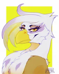 Size: 1638x2048 | Tagged: safe, artist:mojoyote, derpibooru import, gilda, gryphon, bust, chest fluff, cute, feather, female, gildadorable, image, jpeg, looking at you, portrait, simple background, solo