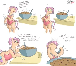 Size: 2000x1759 | Tagged: safe, artist:cdrspark, artist:sirmasterdufel, color edit, derpibooru import, edit, editor:cdrspark, part of a set, oc, oc:claire, unofficial characters only, earth pony, chubby, colored, comic, cookie dough, food, image, png