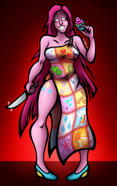 Size: 3896x6216 | Tagged: safe, artist:x-somebodyrandom-x, derpibooru import, pinkie pie, human, fanfic:cupcakes, clothes, cupcake, cutie mark dress, cutie mark on human, dress, female, food, grin, high heels, humanized, image, knife, pinkamena diane pie, png, pony coloring, shoes, smiling, solo