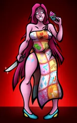 Size: 3896x6216 | Tagged: safe, artist:x-somebodyrandom-x, derpibooru import, pinkie pie, human, fanfic:cupcakes, clothes, cupcake, cutie mark dress, cutie mark on human, dress, female, food, grin, high heels, humanized, image, knife, pinkamena diane pie, png, pony coloring, shoes, smiling, solo