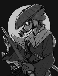 Size: 2920x3819 | Tagged: safe, artist:yaisoula, derpibooru import, spike, anthro, dragon, asian conical hat, clothes, gas mask, grayscale, hat, image, jpeg, katana, male, mask, monochrome, solo, sword, weapon