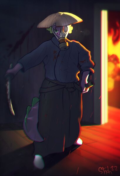 Size: 2624x3855 | Tagged: safe, artist:yaisoula, derpibooru import, anthro, dragon, asian conical hat, clothes, gas mask, hat, image, jpeg, katana, male, mask, outdoors, signature, sword, weapon