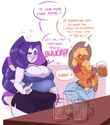 Size: 1792x2048 | Tagged: suggestive, artist:dwps, derpibooru import, applejack, rarity, human, alcohol, applebucking thighs, applebutt, belly, big belly, big breasts, blushing, breasts, burp, busty applejack, busty rarity, butt, cider, cleavage, drunk, drunk rarity, fat, humanized, image, implied lesbian, implied rarijack, implied shipping, jpeg, large butt, mug, raritubby, stuffed belly, stuffing, thighs, thunder thighs, wide hips