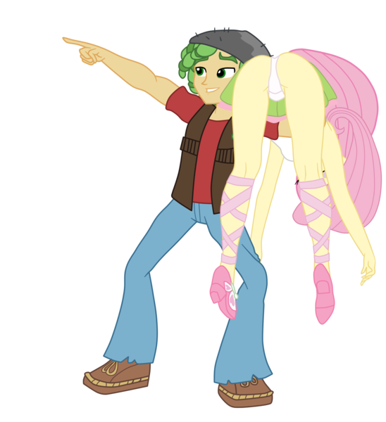 Size: 3121x3415 | Tagged: suggestive, artist:gmaplay, derpibooru import, fluttershy, sandalwood, equestria girls, ass, butt, carrying, clothes, face down ass up, female, flutterbutt, image, male, over the shoulder, panties, png, sandalshy, shipping, straight, thong, unconscious, underwear