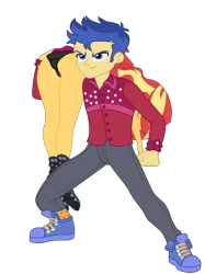 Size: 2072x2763 | Tagged: suggestive, artist:gmaplay, derpibooru import, flash sentry, sunset shimmer, equestria girls, ass, bunset shimmer, butt, carrying, clothes, female, flashimmer, image, male, panties, png, shipping, solo, straight, unconscious, underwear