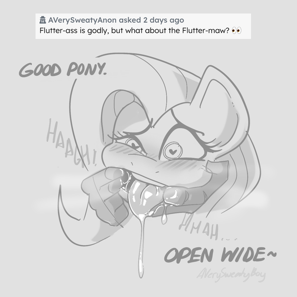 Size: 1200x1200 | Tagged: suggestive, artist:averysweatyboy, derpibooru import, fluttershy, human, pony, ask, dialogue, disembodied hand, disembodied head, drool, female, female focus, finger in mouth, gray background, grayscale, hand, heart, heart eyes, image, mare, monochrome, open mouth, png, simple background, solo focus, tongue out, wingding eyes