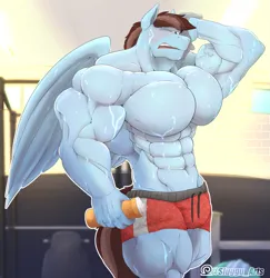 Size: 1891x1948 | Tagged: safe, artist:sluggu, derpibooru import, oc, oc:calm wind, unofficial characters only, anthro, pegasus, abs, anthro oc, biceps, bodybuilder, bottle, clothes, commission, deltoids, gym, gym shorts, image, male, muscles, muscular male, pecs, pegasus oc, png, solo, sweat, sweating profusely, thighs, thunder thighs, triceps, wings