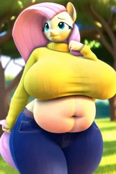 Size: 512x768 | Tagged: suggestive, derpibooru import, machine learning generated, fluttershy, anthro, belly, belly button, big belly, big breasts, breasts, busty fluttershy, clothes, fat, fattershy, female, huge breasts, image, midriff, png, solo, solo female, sweater, sweatershy, thighs, thunder thighs, wide hips