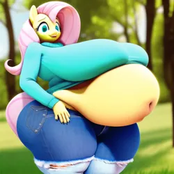 Size: 640x640 | Tagged: suggestive, derpibooru import, machine learning generated, fluttershy, anthro, belly, belly button, big belly, big breasts, breasts, busty fluttershy, clothes, denim, fat, fattershy, female, huge belly, huge breasts, image, impossibly large belly, impossibly large breasts, impossibly large thighs, jeans, midriff, outdoors, pants, png, smiling, solo, solo female, sweater, sweatershy, thighs, thunder thighs, wide hips