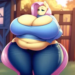 Size: 640x640 | Tagged: suggestive, derpibooru import, machine learning generated, fluttershy, anthro, belly, belly button, big belly, big breasts, breasts, busty fluttershy, cleavage, clothes, denim, fat, fattershy, female, huge belly, huge breasts, image, impossibly large breasts, impossibly large thighs, impossibly wide hips, jeans, keyhole turtleneck, outdoors, pants, png, solo, solo female, sweater, thighs, thunder thighs, turtleneck, wide hips