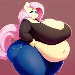 Size: 640x640 | Tagged: suggestive, derpibooru import, machine learning generated, fluttershy, anthro, bbw, belly, belly button, big belly, big breasts, breasts, busty fluttershy, cleavage, fat, fattershy, female, gradient background, hand on hip, huge belly, huge breasts, image, impossibly large belly, impossibly large breasts, impossibly large thighs, midriff, obese, png, solo, solo female, thighs, thunder thighs, wide hips
