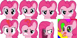Size: 384x192 | Tagged: safe, artist:scootaloormayfly, derpibooru import, pinkie pie, earth pony, pony, angry, drugs, exclamation point, image, looking at you, lsd, pinkamena diane pie, pinkie pie is not amused, pixel art, png, question mark, rainbow, rpg maker, rpg maker vx ace, simple background, smiling, smiling at you, sprite, surprised, transparent background, unamused