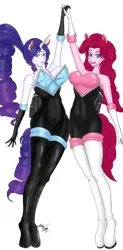 Size: 628x1273 | Tagged: suggestive, artist:mindojin, derpibooru import, pinkie pie, rarity, anthro, earth pony, unguligrade anthro, unicorn, bodysuit, breasts, busty pinkie pie, busty rarity, clothes, costume, duo, duo female, female, holding hands, image, jetpack, jpeg, rouge the bat, simple background, smiling, sonic the hedgehog (series), standing