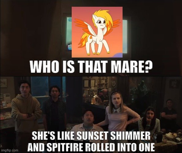 Size: 594x500 | Tagged: safe, derpibooru import, human, pony, my little pony: tell your tale, female, flare (g5), g5, image, imgflip, implied spitfire, implied sunset shimmer, irl, irl human, jpeg, mare, marvel, meme, photo, spider-man, text