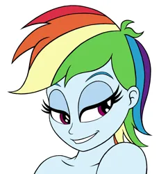 Size: 1100x1200 | Tagged: safe, artist:roseluck, derpibooru import, rainbow dash, human, equestria girls, alternate hairstyle, bare shoulder portrait, bare shoulders, bedroom eyes, bust, colored sketch, cropped, derpibooru exclusive, eyebrows, female, grin, image, looking away, nudity, open mouth, open smile, png, portrait, short hair, simple background, smiling, solo, three quarter view, white background