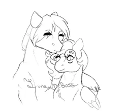 Size: 869x755 | Tagged: safe, artist:luna_mcboss, derpibooru import, oc, unofficial characters only, clydesdale, pegasus, pony, chest fluff, crooked glasses, eyes closed, feathered fetlocks, feathered wings, female, forehead kiss, glasses, image, kissing, lesbian, lesbian couple, oc x oc, one eye open, png, shipping, simple background, sketch, smooch, white background, wholesome, wings