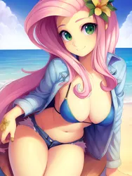 Size: 1020x1360 | Tagged: suggestive, derpibooru import, editor:sammykun, machine learning generated, novelai, stable diffusion, fluttershy, human, adorasexy, beach, bikini, breasts, busty fluttershy, clothes, cloud, cute, denim, denim shorts, female, flower, flower in hair, humanized, image, looking at you, ocean, open clothes, open shirt, png, sexy, shirt, shorts, sky, smiling, solo, solo female, swimsuit, thighs, water