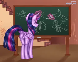 Size: 3375x2700 | Tagged: safe, artist:ingolf arts, derpibooru import, twilight sparkle, twilight sparkle (alicorn), alicorn, pony, butt, chalk, chalkboard, cute, featureless crotch, female, glow, glowing horn, high res, horn, image, magic, magic aura, mare, plot, png, solo, stairs, stars, telekinesis, wings