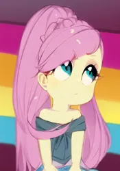 Size: 448x640 | Tagged: safe, derpibooru import, edit, edited screencap, machine learning generated, screencap, fluttershy, human, dance magic, equestria girls, spoiler:eqg specials, :i, anime, background, female, image, pinegraph, png
