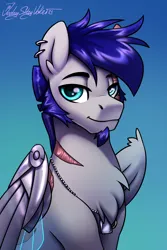 Size: 2000x3000 | Tagged: safe, artist:jedayskayvoker, derpibooru import, oc, oc:blue crest, unofficial characters only, pegasus, pony, amputee, artificial wings, augmented, bust, dilf, dog tags, ear piercing, eye scar, facial scar, gradient background, headshot commission, image, male, metal wing, pegasus oc, piercing, png, portrait, prosthetic limb, prosthetic wing, prosthetics, scar, stallion, wings