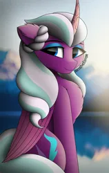 Size: 1200x1900 | Tagged: safe, artist:aryatheeditor, derpibooru import, alicorn, pony, spoiler:g5, beautiful, chest fluff, cutie mark, g5, image, jpeg, looking at you, looking back, opaline arcana, reformed, sitting, solo