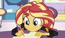 Size: 1080x635 | Tagged: safe, derpibooru import, sunset shimmer, equestria girls, equestria girls series, adorable face, book, cute, female, fire, happy, image, jpeg, letter, my little pony, smiling, solo, solo female, sun, sunset, sunset shimmer frustrated at game, writing