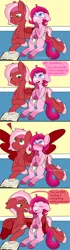 Size: 1700x6094 | Tagged: suggestive, artist:whimsicalseraph, derpibooru import, oc, oc:raspberry sorbet, oc:strawberry syrup, unofficial characters only, pegasus, pony, book, comic, dialogue, eyes closed, female, females only, fetlock tuft, floppy ears, image, lesbian, pegasus oc, png, pregnant, reading, siblings, sisters, speech bubble, spread wings, tongue out, unshorn fetlocks, vulgar, wings