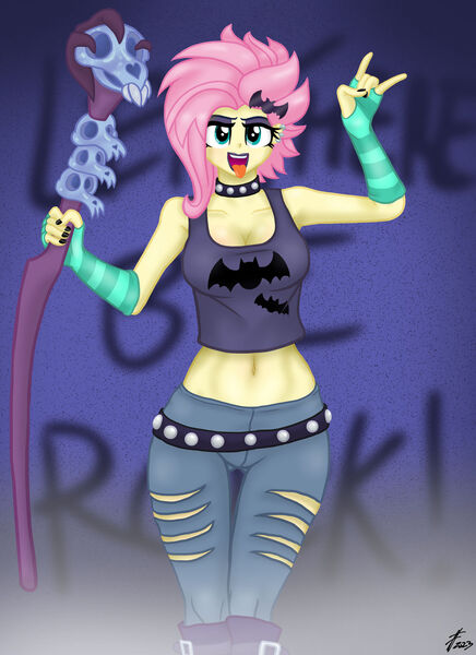 Size: 1280x1761 | Tagged: safe, artist:lennondash, derpibooru import, fluttershy, equestria girls, equestria girls series, rollercoaster of friendship, alternate hairstyle, belt, boots, breasts, choker, cleavage, clothes, devil horn (gesture), evening gloves, eyeshadow, fingerless elbow gloves, fingerless gloves, flutterpunk, gloves, hairpin, image, jeans, jpeg, lipstick, long gloves, makeup, midriff, pants, ripped jeans, ripped pants, shoes, short shirt, solo, staff, studded choker, tongue out, torn clothes