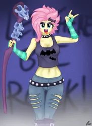 Size: 1280x1761 | Tagged: safe, artist:lennondash, derpibooru import, fluttershy, equestria girls, equestria girls series, rollercoaster of friendship, alternate hairstyle, belt, boots, breasts, choker, cleavage, clothes, devil horn (gesture), evening gloves, eyeshadow, fingerless elbow gloves, fingerless gloves, flutterpunk, gloves, hairpin, image, jeans, jpeg, lipstick, long gloves, makeup, midriff, pants, ripped jeans, ripped pants, shoes, short shirt, solo, staff, studded choker, tongue out, torn clothes