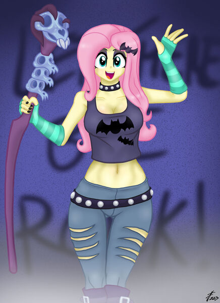 Size: 1280x1761 | Tagged: safe, alternate version, artist:lennondash, derpibooru import, fluttershy, equestria girls, equestria girls series, rollercoaster of friendship, belt, boots, breasts, choker, cleavage, clothes, denim, devil horn (gesture), evening gloves, eyeshadow, fingerless elbow gloves, fingerless gloves, flutterpunk, gloves, hairpin, image, jeans, jpeg, long gloves, makeup, midriff, pants, ripped jeans, ripped pants, shoes, short shirt, solo, staff, studded choker, torn clothes
