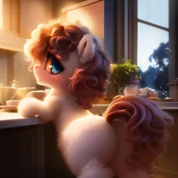 Size: 3072x3072 | Tagged: safe, derpibooru import, machine learning generated, purplesmart.ai, stable diffusion, earth pony, blue eyes, brown mane, brown tail, ear fluff, fluffy, fur, gray coat, image, jpeg, kitchen, looking back, rear view, solo, standing on two hooves, surprised, tail, window