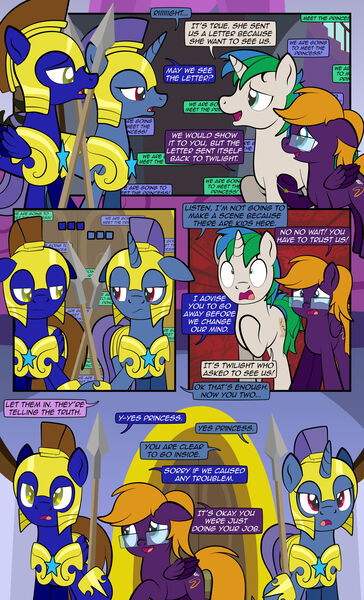 Size: 1920x3168 | Tagged: safe, artist:alexdti, derpibooru import, oc, oc:purple creativity, oc:star logic, pegasus, pony, unicorn, comic:quest for friendship, comic, dialogue, female, image, implied twilight sparkle, jpeg, male, mare, royal guard, spear, speech bubble, stallion, weapon