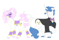 Size: 1280x854 | Tagged: safe, artist:itstechtock, derpibooru import, fancypants, fleur-de-lis, classical unicorn, pony, unicorn, blushing, clothes, cloven hooves, curved horn, facial hair, fancyfleur, female, horn, image, leonine tail, male, mare, mask, monocle, moustache, png, raised hoof, saddle, shipping, simple background, smiling, stallion, straight, suit, tack, transparent background, unshorn fetlocks