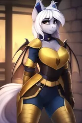 Size: 768x1152 | Tagged: safe, derpibooru import, editor:flitter4935, machine learning generated, novelai, stable diffusion, anthro, bat pony, pony, armor, armored pony, bat wings, ear fluff, female, guardsmare, image, looking at you, mare, png, royal guard, smiling, smiling at you, wings