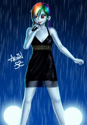Size: 889x1280 | Tagged: suggestive, artist:arsbin, derpibooru import, rainbow dash, human, equestria girls, breasts, clothes, commission, female, image, jpeg, microphone, rain, singing, smiling, solo, solo female, wet, wet clothes, wet hair