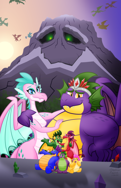 Size: 1280x1979 | Tagged: safe, artist:aleximusprime, derpibooru import, spike, oc, oc:barb the dragon, oc:buttercream the dragon, oc:king smite, oc:queen chara, oc:scorch the dragon, oc:singe the dragon, unofficial characters only, dragon, fanfic:go north young dragon, flurry heart's story, adult, adult spike, arm behind back, background dragon, child bearing hips, chubby, crown, crystal, curvy, cute, dragon oc, dragoness, family photo, fanfic art, fangs, fat, fat spike, female, flying, g1, g1 to g4, g4, generation leap, hand on face, hand on head, hand on hip, hand on shoulder, happy, his elevated eminence, hug, husband and wife, image, jewelry, looking at you, male, mountain, non-pony oc, northern drake, older, older spike, one eye closed, open mouth, open smile, png, regalia, sitting, smiling, spike's brother, spike's family, spike's father, spike's mother, spike's sister, spread wings, standing, sunset, wide hips, wings, wink