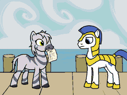 Size: 600x450 | Tagged: safe, artist:kazerad, oc, oc:grayburn, ponified, pony, zebra, female, gif, image, looking at each other, male, mouth hold, ocean, pier, prequel (webcomic), quadrupedal, royal guard, stallion