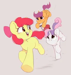 Size: 1018x1076 | Tagged: safe, artist:melodylibris, derpibooru import, apple bloom, scootaloo, sweetie belle, earth pony, pegasus, pony, unicorn, adorabloom, blank flank, cute, cutealoo, cutie mark crusaders, diasweetes, female, filly, foal, gray background, image, jpeg, looking back, open mouth, open smile, running, scooter, simple background, smiling