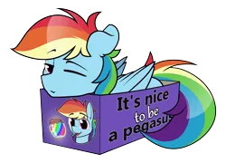 Size: 5700x4100 | Tagged: safe, artist:dacaoo, derpibooru import, rainbow dash, pegasus, pony, box, eyebrows, eyebrows visible through hair, folded wings, food, if i fits i sits, image, jam, lying down, one eye closed, png, pony in a box, prone, simple background, solo, text, transparent background, wings