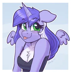 Size: 922x938 | Tagged: safe, artist:dandy, derpibooru import, oc, oc:mariah wolves, unofficial characters only, alicorn, anthro, :p, alicorn oc, blushing, breasts, bust, chest fluff, cleavage, clothes, female, floppy ears, horn, image, looking at you, png, scrunchy face, shirt, solo, tongue out, wings