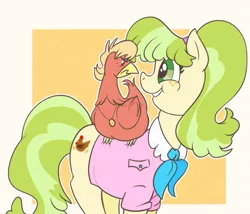 Size: 665x570 | Tagged: safe, artist:cookieboy011, derpibooru import, chickadee, ms. harshwhinny, ms. peachbottom, bird, chicken, earth pony, pony, female, image, looking at each other, looking at someone, png, transformation