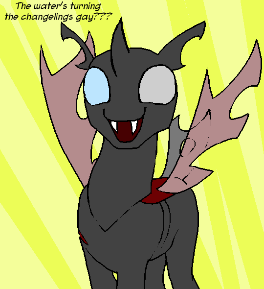 Size: 540x590 | Tagged: safe, artist:kazerad, derpibooru import, oc, oc:coxa, unofficial characters only, changeling, anisocoria, changeling oc, fangs, happy, image, male, meme, no source available, png, red changeling, scar, smiling, solo, text